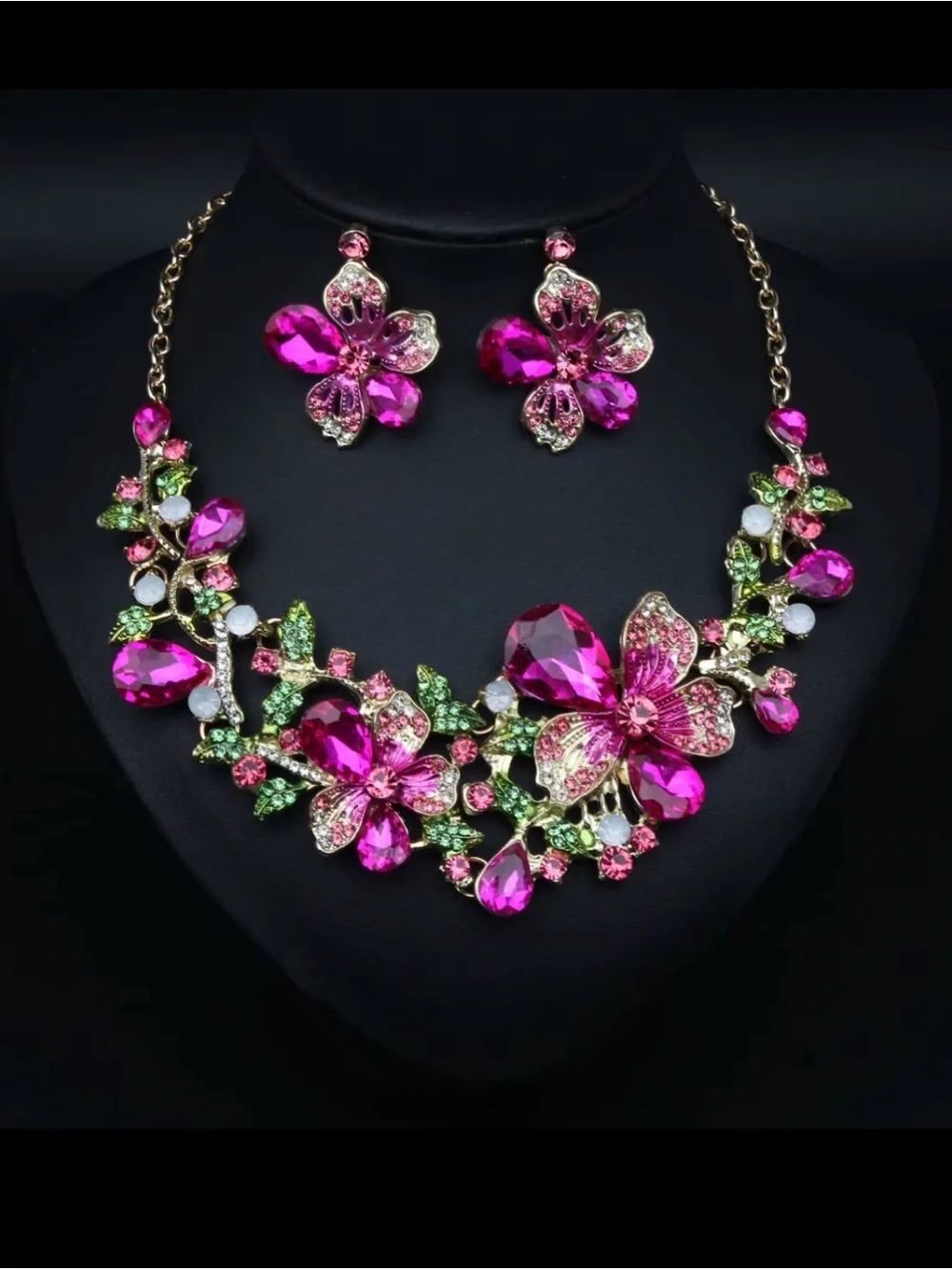 Fashion Jewelry Hot Pink Floral Crystal Necklace & Earrings Set Jewelry